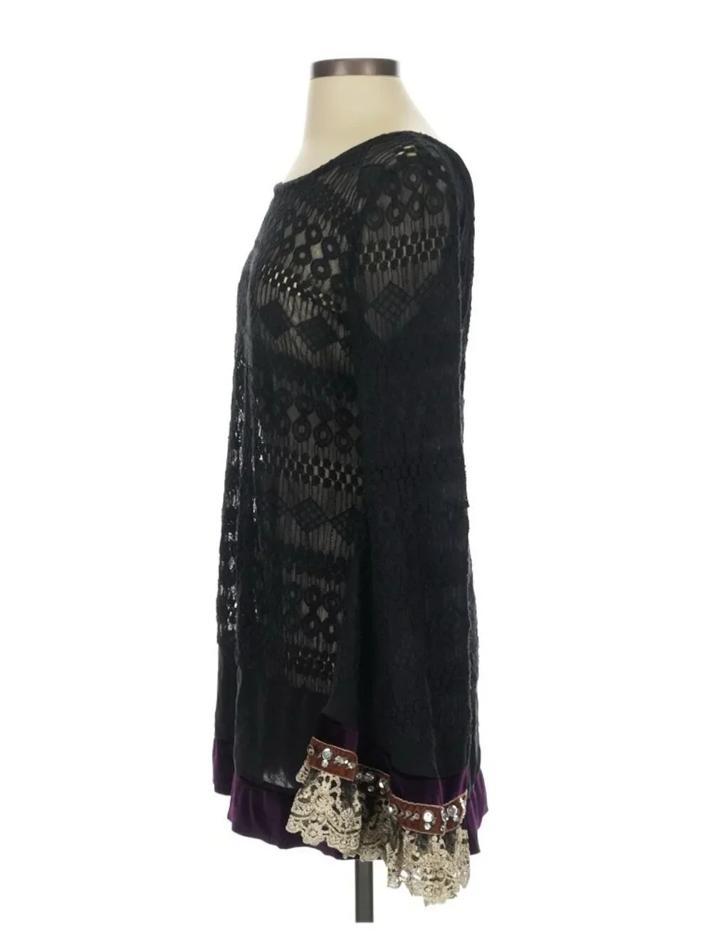 RARE Free People Black Lace Velvet Bell Sleeve Mini Dress Tunic| Whimsigoth Boho - Picture 6 of 16